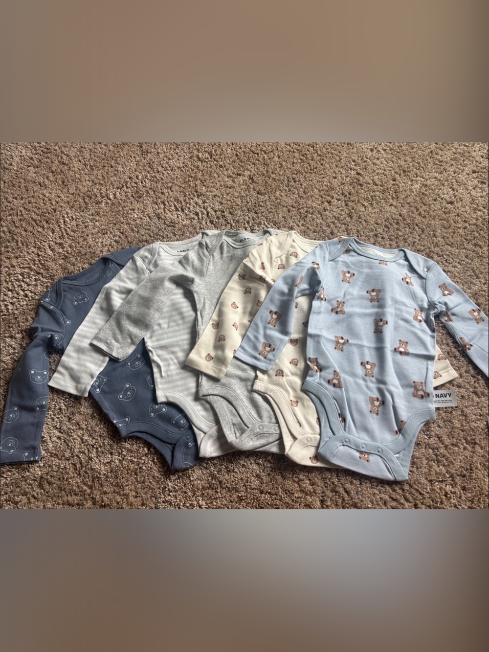 Old Navy Bear Print Long-Sleeve Bodysuit Pack - Navy, Light Blue, Gray, Cream